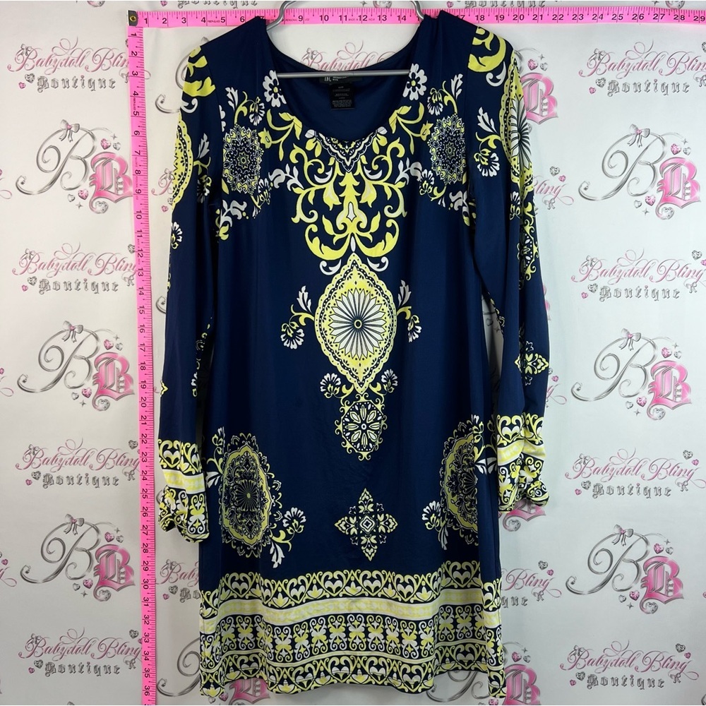 INC International Concepts dress Navy Blue Dress with Yellow Medallion Print